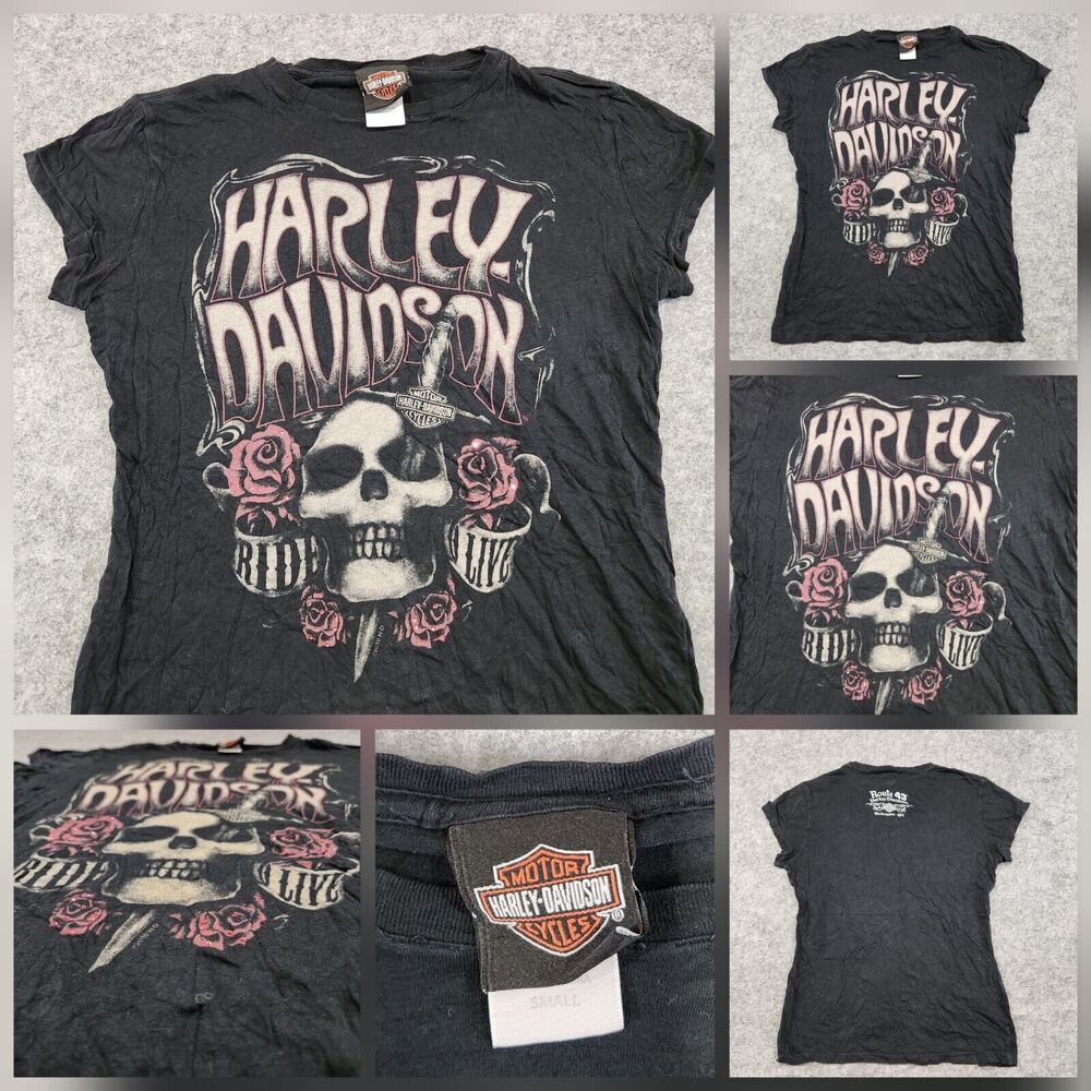 Harley Davidson Motorcycles Womens S Small Rhinestones Skull Graphic T Shirt Top